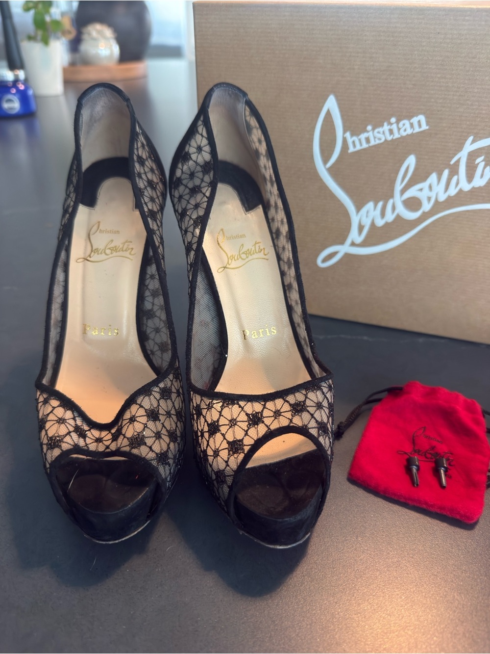 Christian Louboutin Black Lace Peep Toe Pumps Women’s 36.5